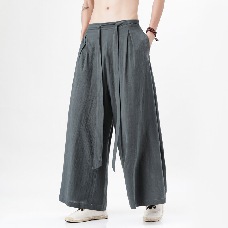 Pantalones de lino y lino de estilo chino para hombre, ropa de calle estilo Harajuku, Kimono japonés, Retro, holgado, de pierna ancha
