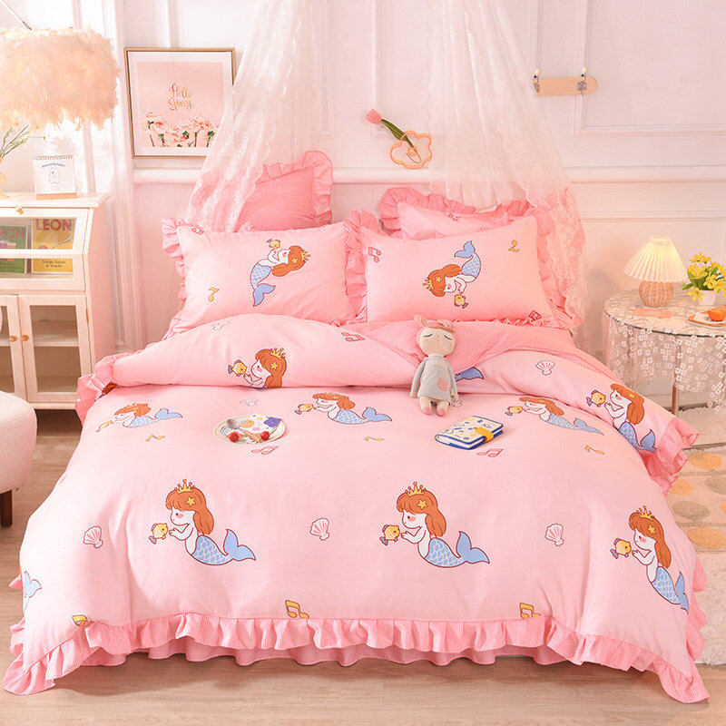 Lençol escovado puro algodão, estilo coreano princesa, saia de cama, cama de quatro peças, capa de edredão