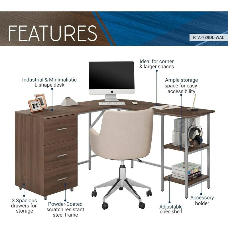 L Shaped Desk - Two-Toned Computer Desk - Simple Modern Furniture & Home Office Space Corner Table for Work & Writing
