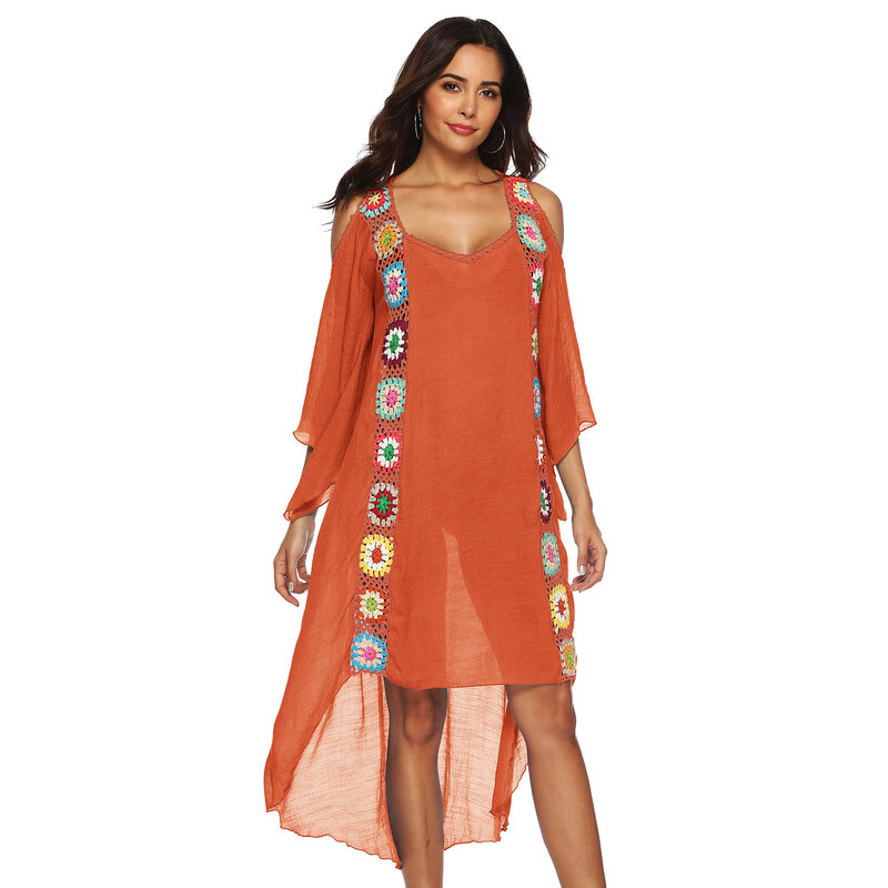 Женская Асимметричная пляжная юбка с открытыми плечами, оранжевая блузка-бикини с цветочным принтом и крючком для защиты от солнца, весна-лето 2023