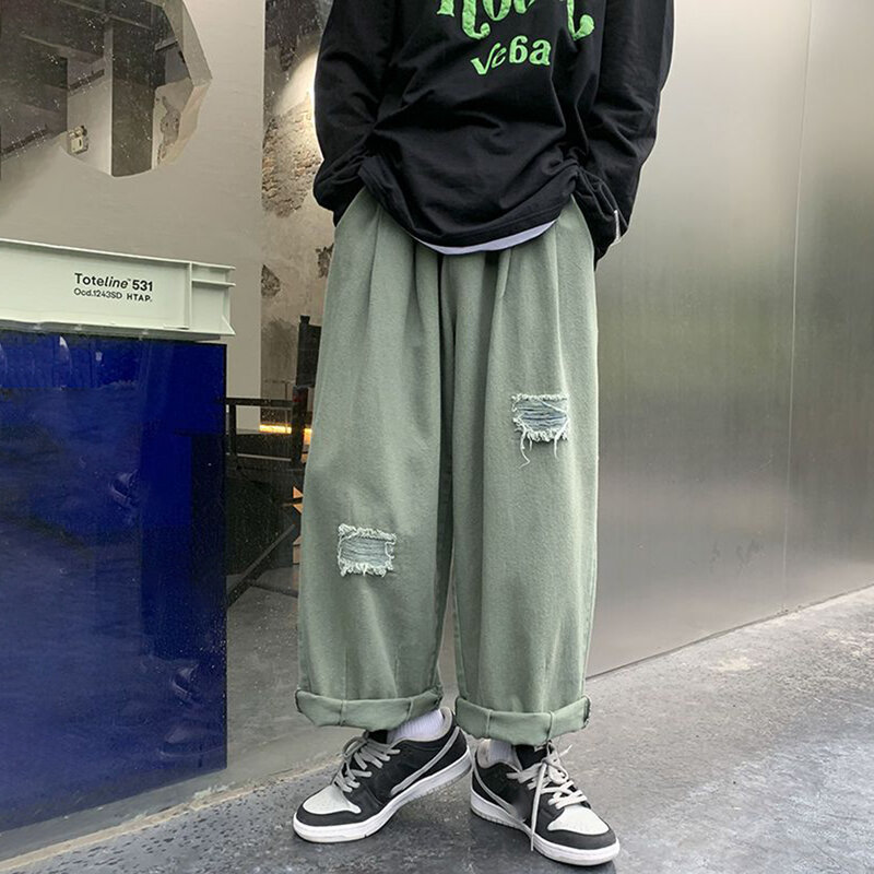 Тренд бренда Tide, новинка, мужская одежда в японском стиле ретро, рваные джинсы, укороченные брюки с широкими штанинами, свободные прямые брюки