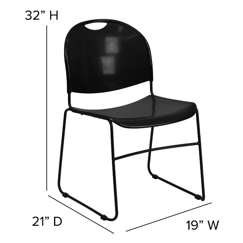 Chaise empilable ultra-compacte noire avec cadre enduit de poudre noire, capacité de 880 lb