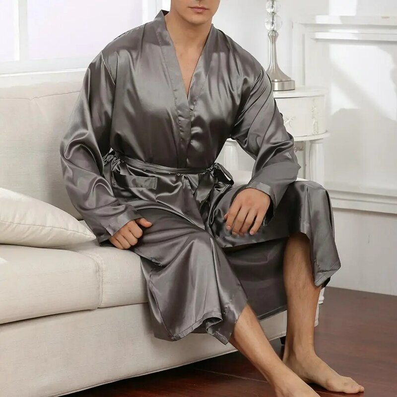 Мужской Атласный халат, мягкая дышащая ночная рубашка с поясом и карманами, V-образным вырезом, на завязках, домашняя одежда, халат на осень и весну