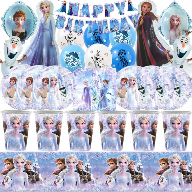 Conjunto de talheres descartáveis para decoração de festa, balões congelados Elsa e Anna, Cartoon Plate, Snow Queen, Birthday Supplies, Baby Shower