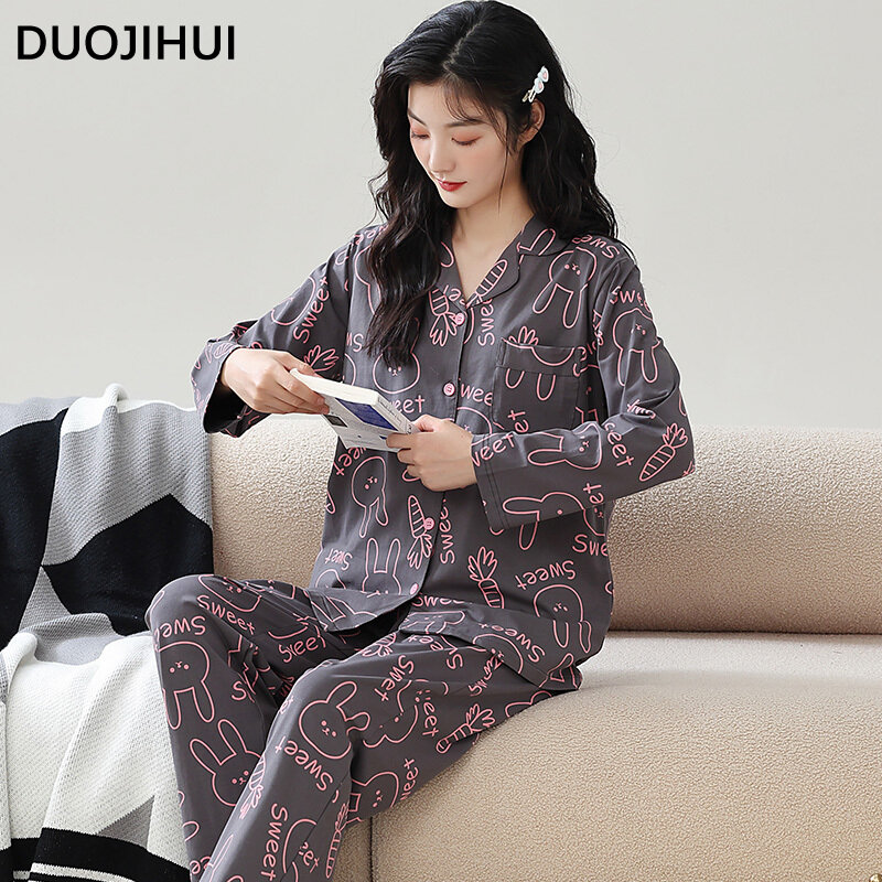 Duojihui Chic Print Zauber Farbe lose Frauen Pyjamas Set Basic Button Cardigan einfache lässige Hose Mode weibliche Nachtwäsche Set