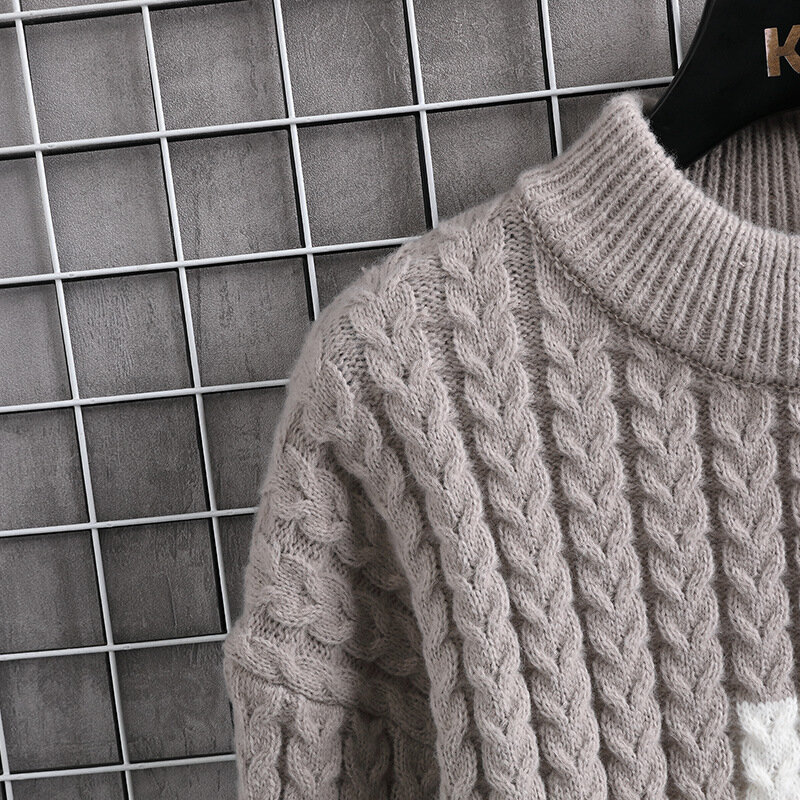 Мужская плотная водолазка с цветами, Молодежный пуловер средней длины с воротником-стойкой, свободный двухцветный свитер в стиле пэчворк, 2023