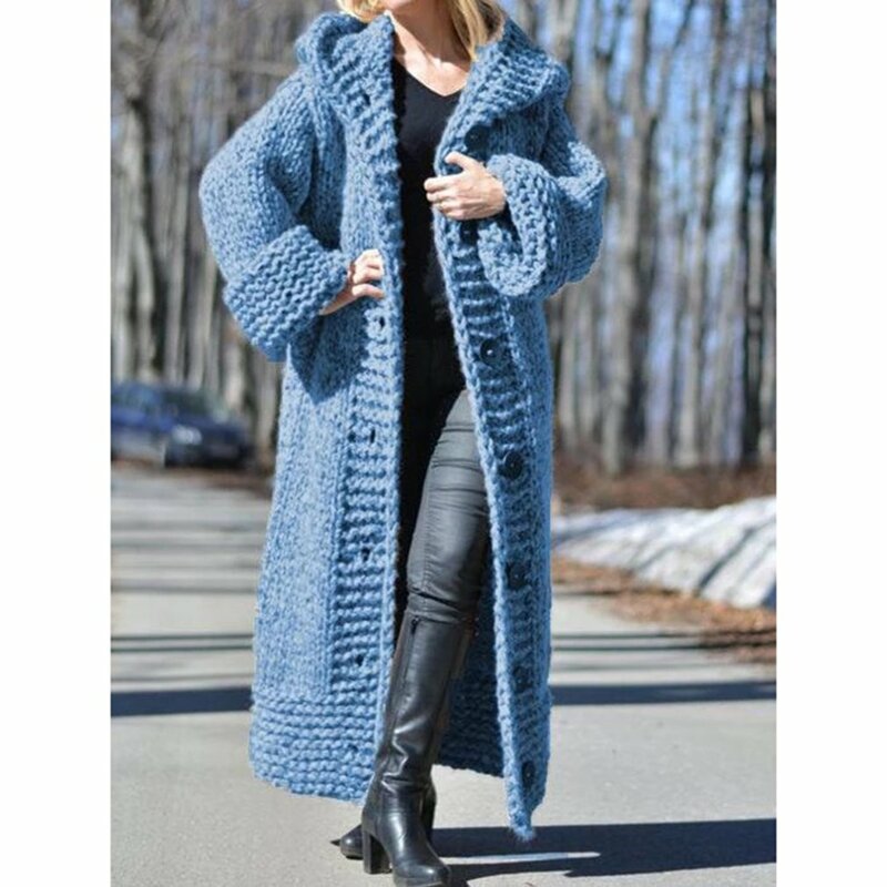 Suéter largo europeo y americano para mujer, chaqueta de manga larga, cárdigan con bolsillos empalmados, Tops de punto informales sueltos sólidos