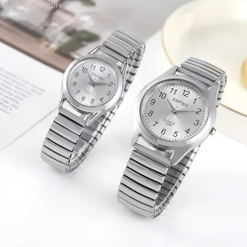 Jam tangan Pasangan Pria Wanita, jam tangan Stainless Steel gelang Aloi Bisnis gerakan elastis tali gelang Quartz