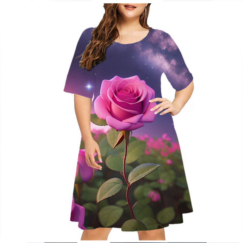 Gaun Mini wanita lengan pendek, gaun pesta kasual musim panas ukuran Plus longgar lengan pendek motif bunga mawar langit berbintang pewarna