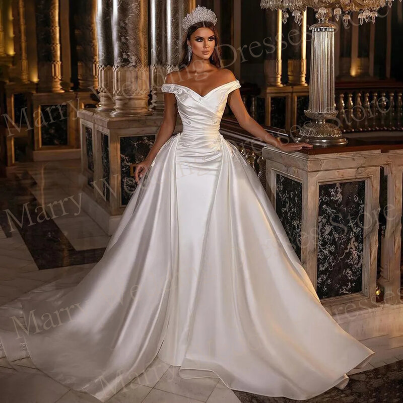 Charming Sweetheart Princess Style Wedding Dresses A Line Pleat Satin With Appliques Bride Gowns Off The Shoulder Formal Party