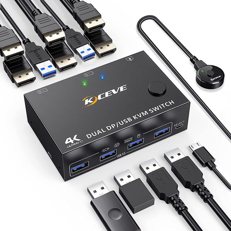 USB 3.0 Displayport KVM Switch, 2 Monitores, Ultra HD, 8K @ 30Hz, 4 K @ 144Hz, Monitor Duplo, 1.4