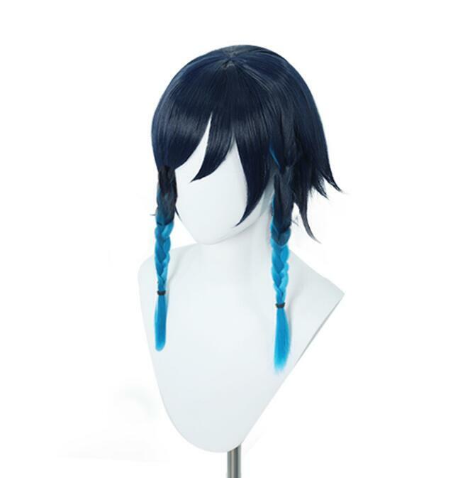 Venti Wig serat cosplay, wig sintetis, serat permainan, Wig Genshin, rambut pendek gradien biru