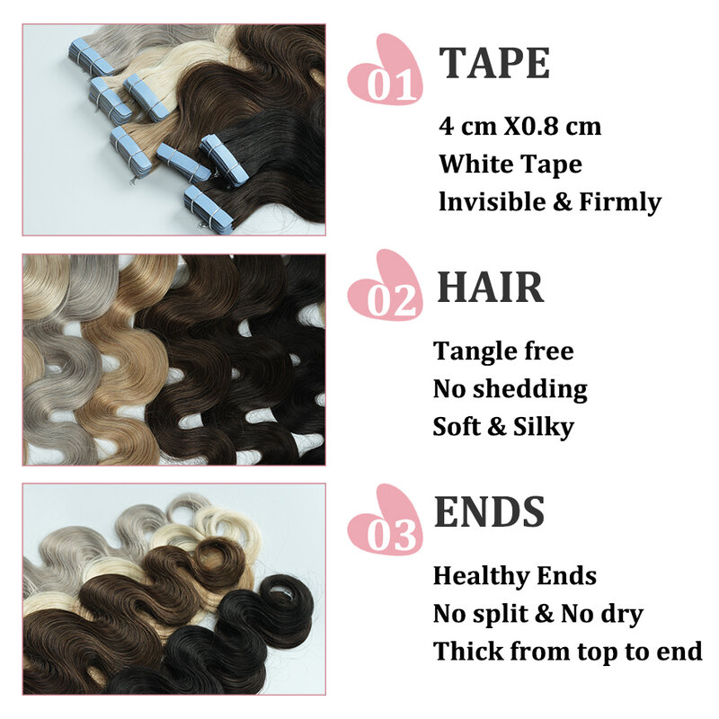 40G 20Pcs Body Wave Tape In Human Hair Extensions Brazilian Natural Black Hair 100% Real Remy Human Hair Adhesive Tape On Hair