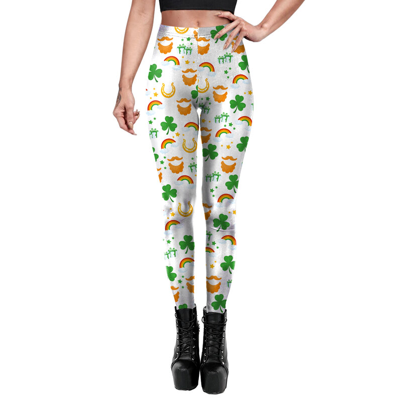 Nadanbao St. Patrick's Day Pants Women's Sporty Leggings Clover 3D Printed Women Elastic Fitness Trouser Mid Waist Sexy Tights