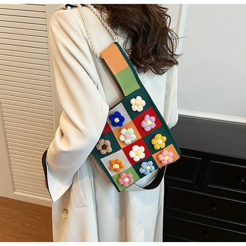 Bolso de hombro con cadena de perlas para niñas, bolsa de compras de gran capacidad hecha a mano, bolso de punto con flores 3D