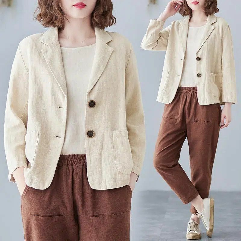 2023 Summer Comfortable Casual Loose Oversize Fashion Versatile Solid Color Long Sleeved Double Button Cotton Linen Suit Jacket