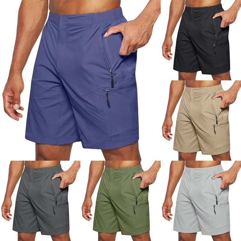 Calça casual masculina com zíper, bolso de carga, calção de cordão, calção de verão ao ar livre, caminhada com secagem rápida