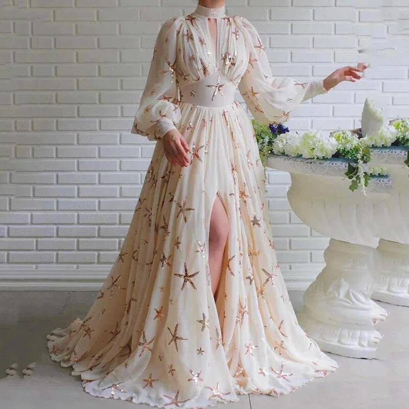 Damska sukienka z szyfonu i lampionem 2024 z kołnierzem i gorsetem Maxi suknie balowe kobiece eleganckie suknie formalna okazja
