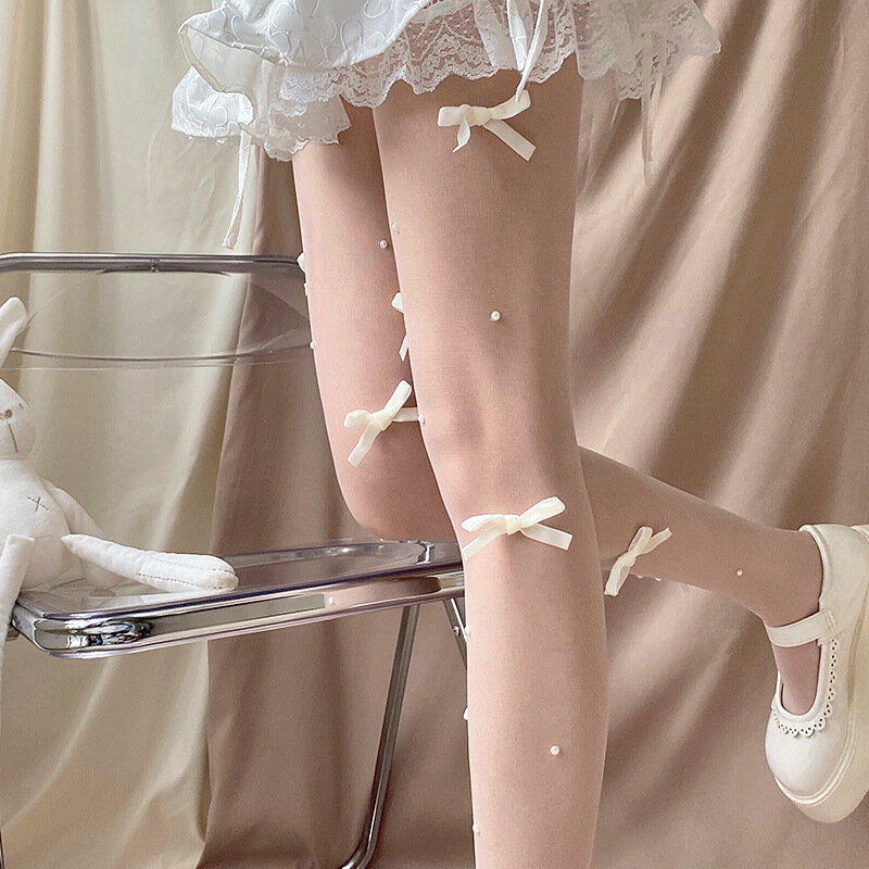 Meia-Calça de Corpo Bordada com Pérolas e Laço de Veludo Rosa, Meia-calça 3D Sexy, Meia-calça Doce de Nylon para Garotas, Estilos Lolitas do Japão