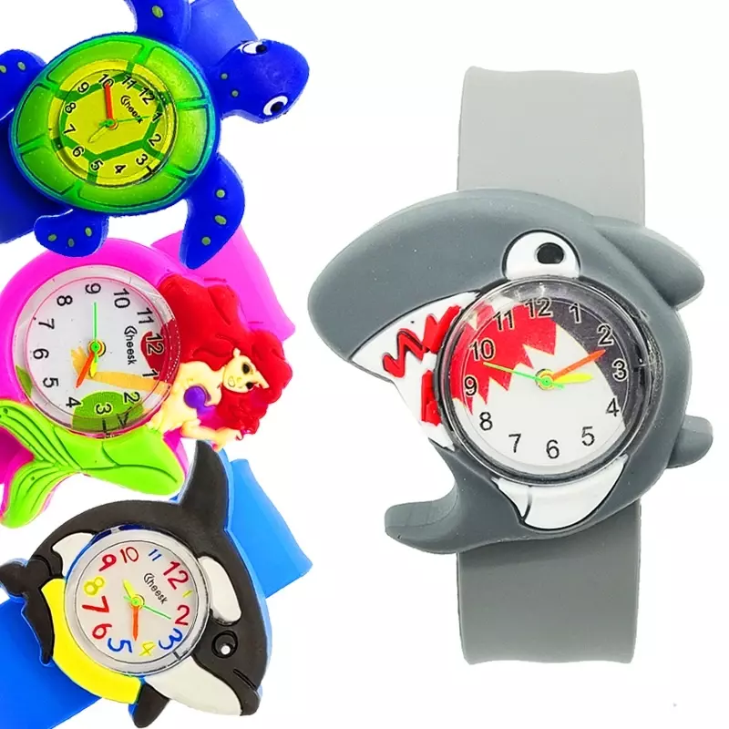 Cute Shark/Whale/Goldfish Children Slap Watch Baby Study-time Toy Green Frog/Crab/Turtle 1-9 Years Old Kids Watches for Boy Girl