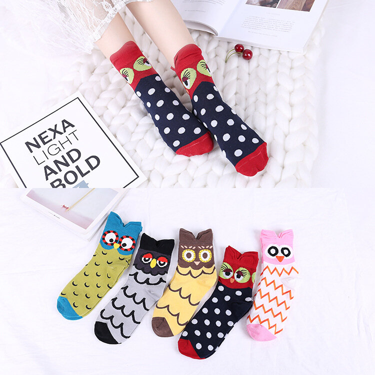 Women's Socks Spring/Summer New Cute Cartoon Owl Personalized Cotton Socks Mid Tube Cotton Breathable Socks