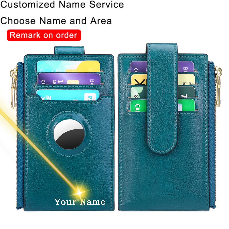 Держатель для карт с именным логотипом на заказ, ретро кожаный кошелек на молнии и застежке, двухслойный бумажник из воловьей кожи с RFID-защитой для Apple Airtag