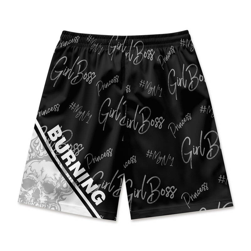 Men's casual shorts with skull print, comfortable beach pocket, waist rope for breathability and quick drying in summer