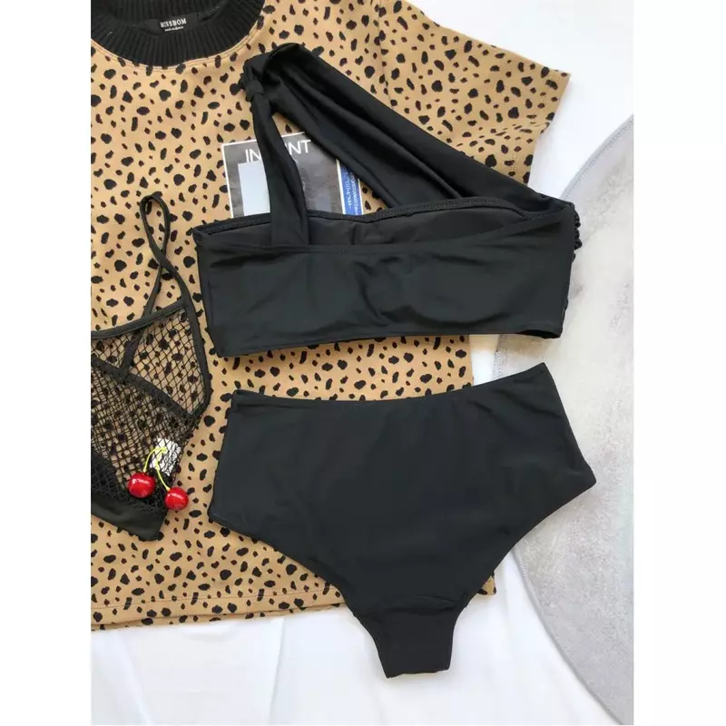 Sexy Zwarte Bikini Sets Badpak Met Hoge Taille En Één Schouder Gewatteerde Damesbadpak