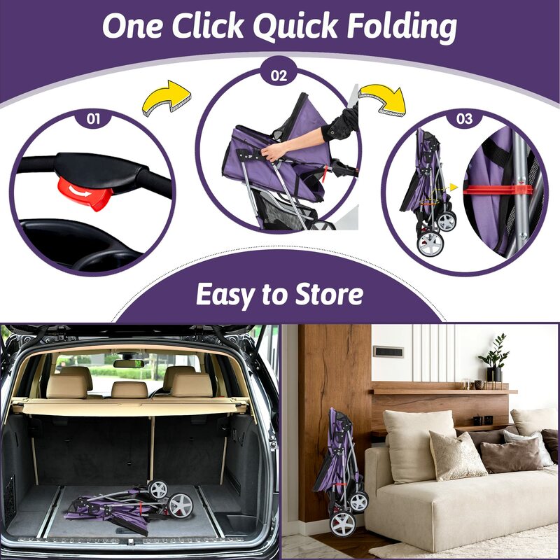 Purple 4-Wheel Folding Dog Cat Stroller: Jogger Stroller, Medium/Small Pets