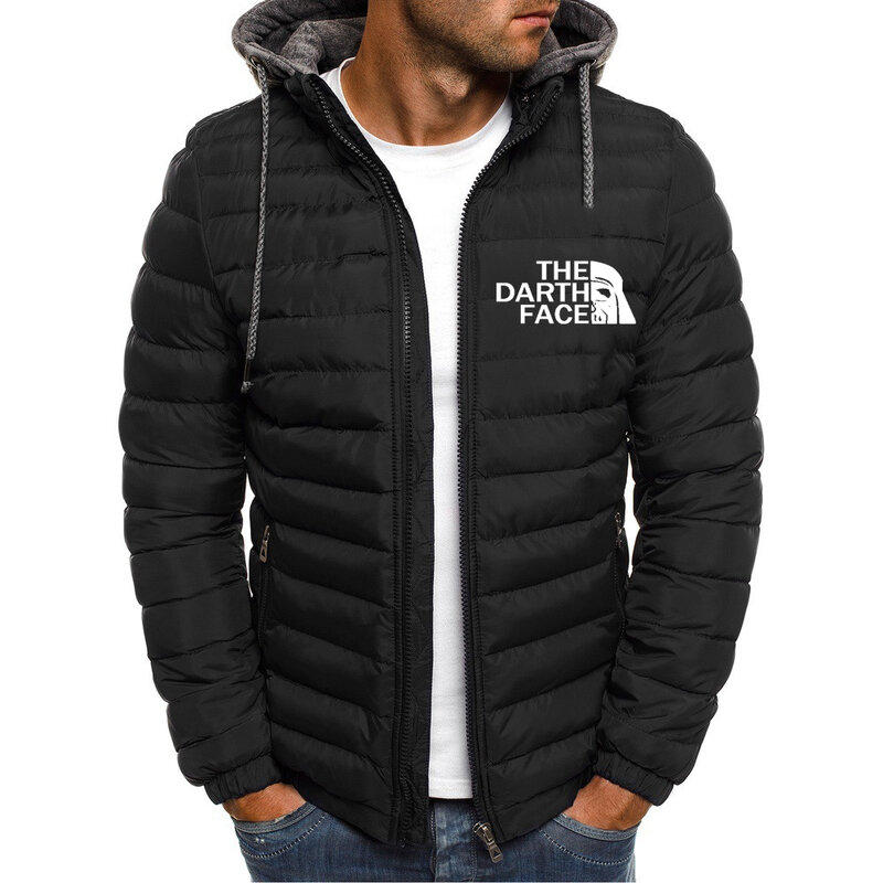 THE DARTH FACE Logo Print Men Down Jacket Customizable Logo 2023 Winter Trendy Style Down Hoodie Men Solid Color Zipper Jacket