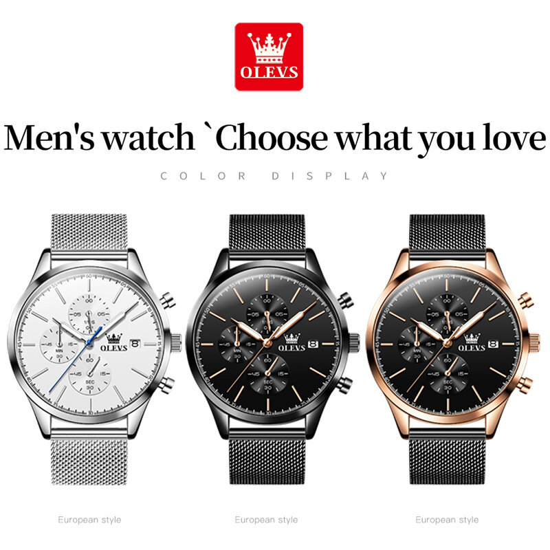 OLEVS-Relógio de quartzo masculino com cinto de malha prateada, relógio luminoso, cronógrafo, desportivo, data, impermeável