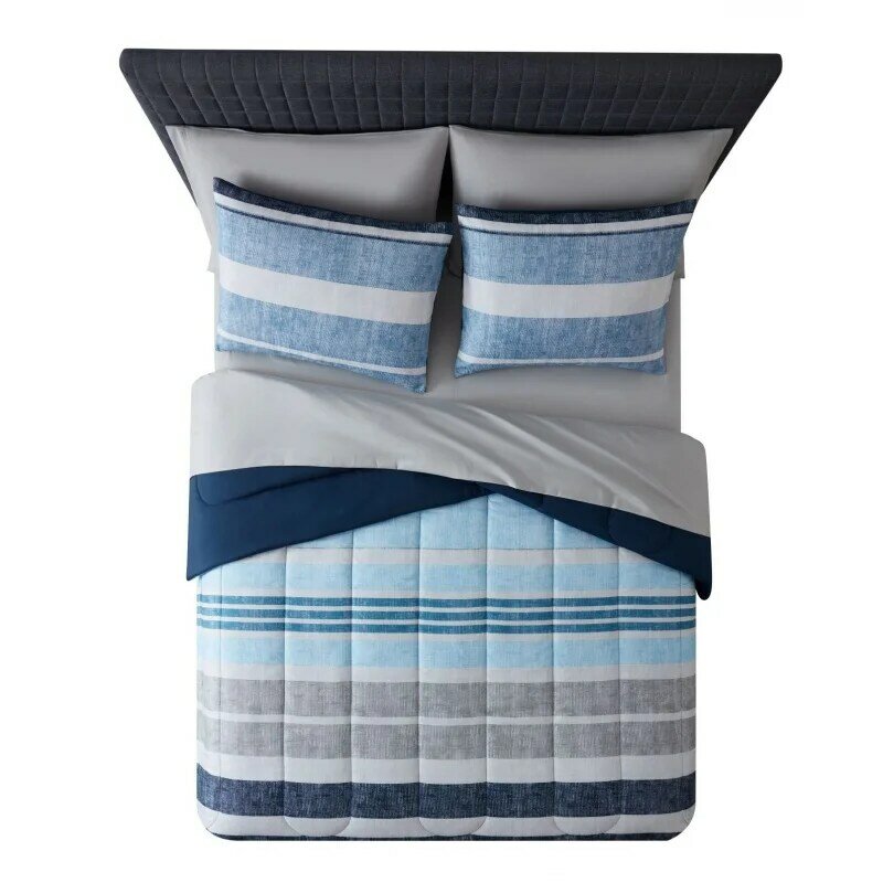 Mainstays-Juego de cama Reversible a rayas azules, edredón con sábanas, King, 7 piezas