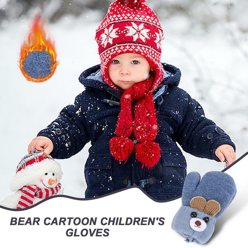 Guantes de oso de dibujos animados para bebés, manoplas de lana de punto para bebés, gruesos y cálidos, guantes de cuerda completa para niños, niñas, niños pequeños de 0 a 3 años, Invierno