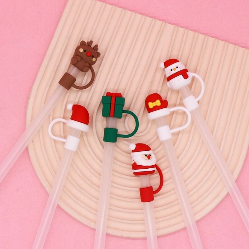 Reusable Christmas Silicone Straw Plug Airtight Drinking Dust Cap Accessories Cartoon Plugs Tips Cover Suit For 10mm Straws Cup