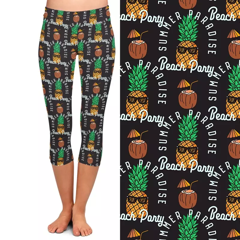 LETSFIND-Leggings Capri de cintura alta para mulheres, estampa de abacaxi e coco, fitness stretch, meia panturrilha 3/4, moda, verão