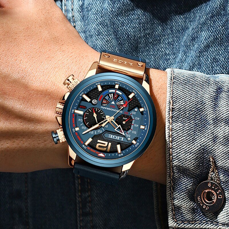 Часы наручные LIGE Мужские кварцевые с хронографом, модные роскошные спортивные водонепроницаемые с кожаным ремешком