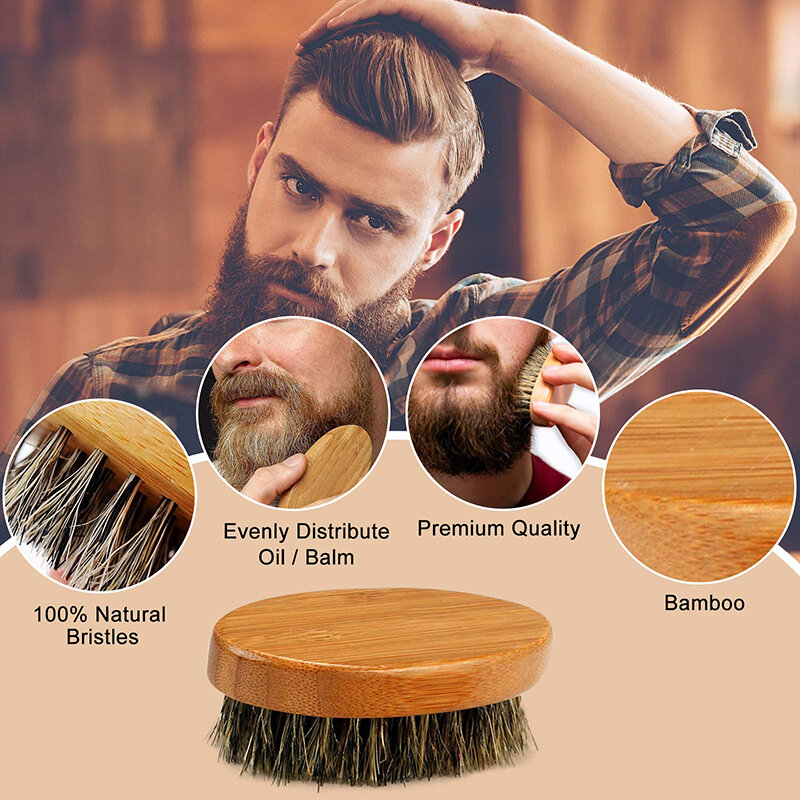 Natural Javali escova de barba de cerdas para homens, bambu faia bigode de madeira ferramenta de limpeza facial macia, massagem estilo e barbeiro