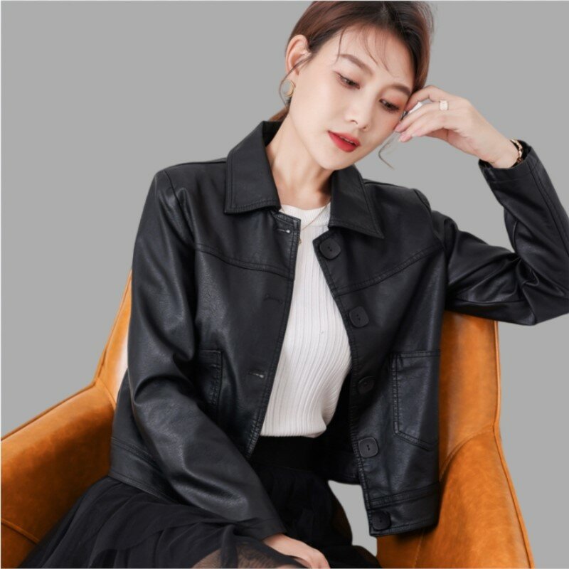 Куртка женская облегающая из экокожи, короткая ветрозащитная верхняя одежда с лацканами, повседневный однобортный Топ в Корейском стиле, на весну
