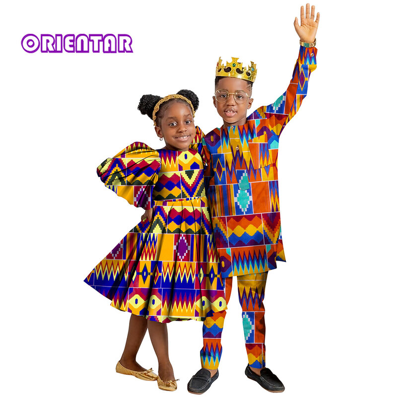 Africano família combinando roupas para crianças irmã irmão meninas vestido e meninos calças conjunto crianças ancara impressão roupas wyq920