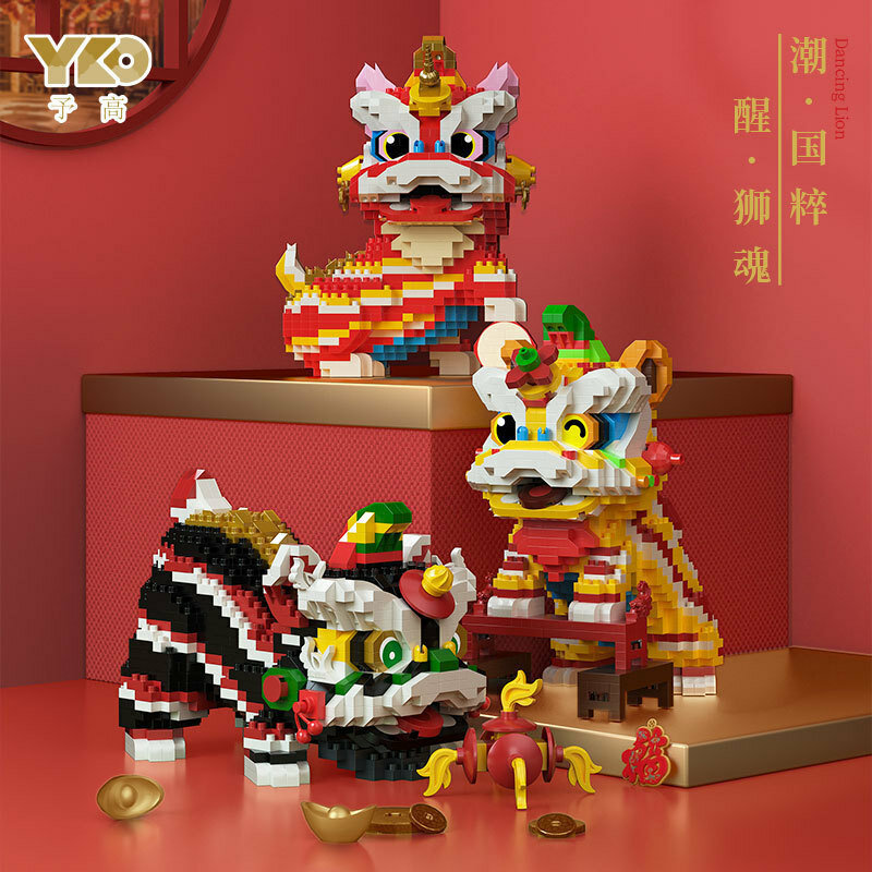 Tahun Baru Cina gaya Lion Dance Seri Tahun Naga perakitan partikel mikro blok bangunan Desktop Dekorasi Model hadiah mainan