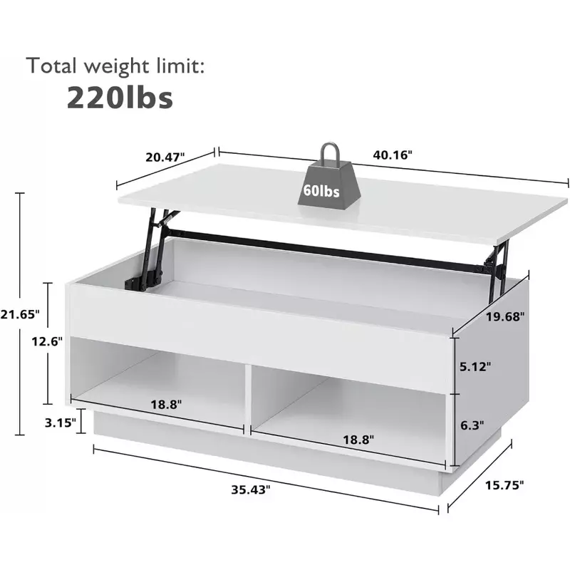 Mesa de centro con LED de almacenamiento oculto, mesa de té de 3 niveles, blanco de alto brillo, centro de almacenamiento
