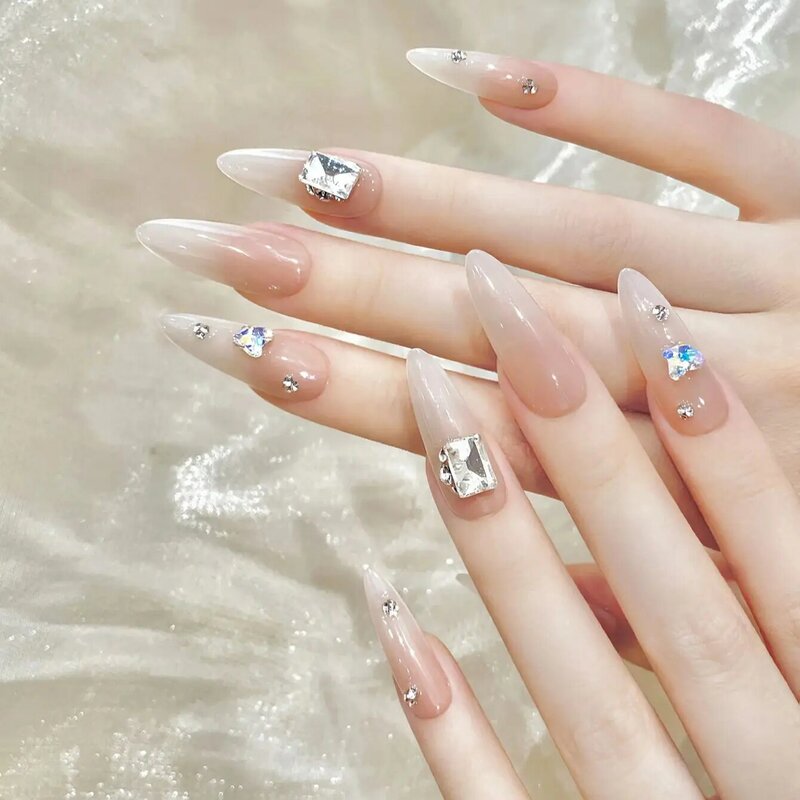 10 szt. Baleriny paznokcie różowe gradientowe cyrkonie sztuczne paznokcie błyszczące ręcznie robione Manicure wielokrotnego użytku sztuczne paznokcie dla kobiet