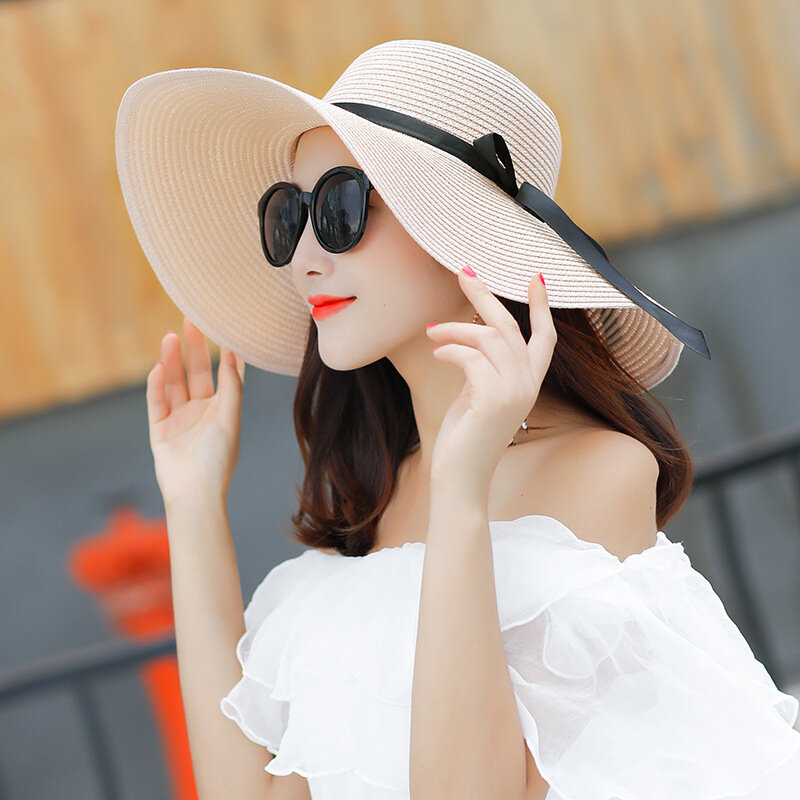 2023 New Simple Foldable Wide Brim Floppy Girls Straw Hat Sun Hat Beach Women Summer Hat UV Protect Travel Cap Lady Cap Female