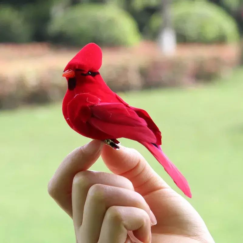 2 pçs simulação penas pássaros com clipes para jardim gramado decoração da árvore artesanato vermelho aves estatuetas natal decoração para casa