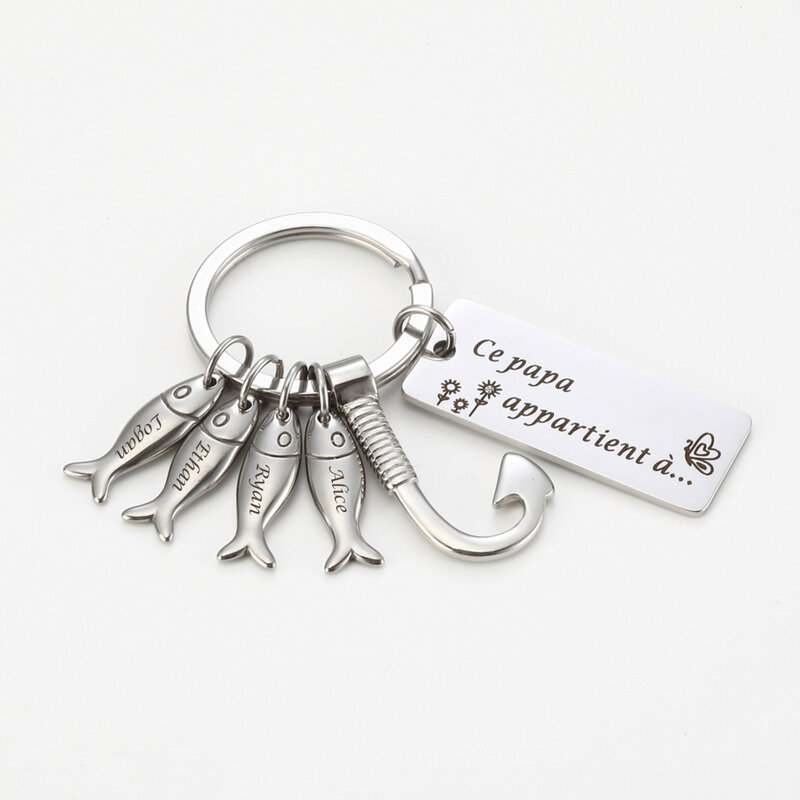 مخصص اسم الأسرة المفاتيح الأسماك حلية مفتاح سلسلة الفولاذ المقاوم للصدأ المفاتيح شخصية الآباء هدية عيد