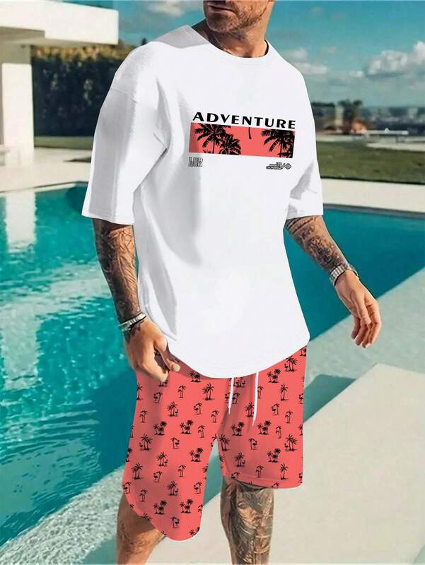 Мужская пляжная летняя футболка с монограммой и короткими рукавами и шорты, 2 предмета, Повседневная и удобная летняя одежда для отдыха на открытом воздухе