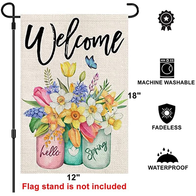 Spring Welcome Garden Flag , Double Sided Burlap Weatherproof Flag Farmhouse Flag For Outdoor Yard Lawn Decoration
