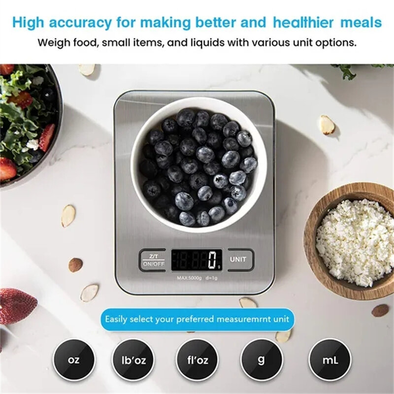 Digital Kitchen Scale 5kg/10kg Stainless Steel Panel USB Charg Precise Small Platform Scale Portable Multifunction LCD Display