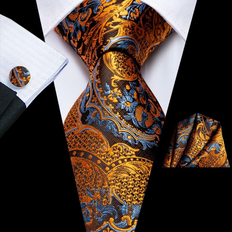 Hi-Tie 100% Silk Luxury Mens Ties Floral Black Gold Ties Paisley NeckTie Pocket Square Cufflinks Set Men's Wedding Party Tie