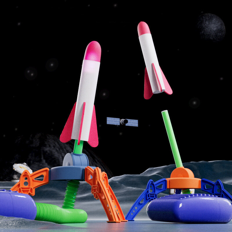 Mainan anak laki-laki, mainan peluncur roket busa terbang pompa kaki lompat ditekan luar ruangan permainan interaktif